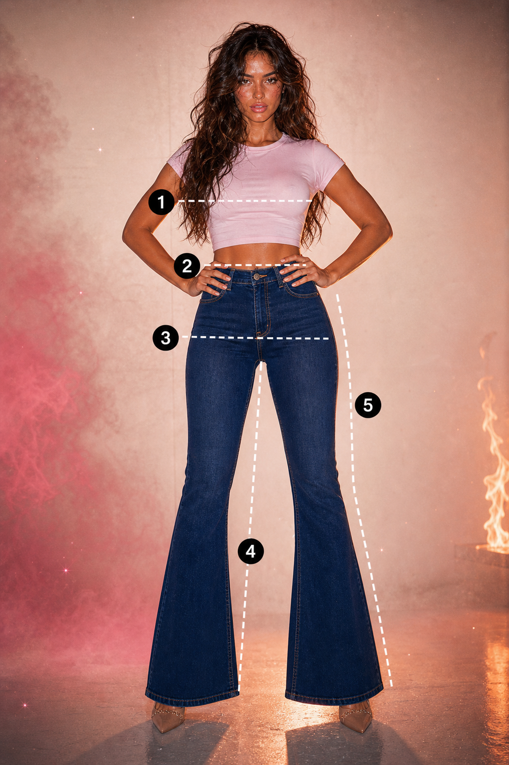 BADZZ denim fit guide showing bust, waist, hips, inseam, and flare length measurement lines